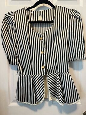 Black & White Striped Puff Sleeve Peplum Top